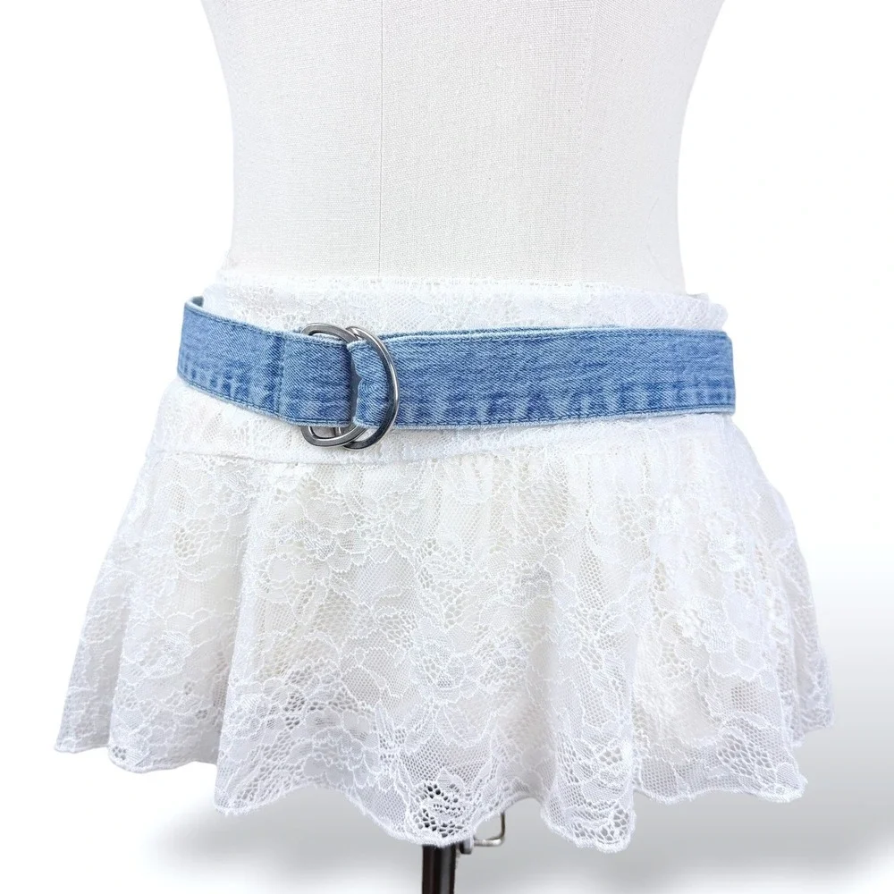 Y2K Denim Belt Womens S Blue Double Circle‎ Buckle Metal Vintage 41in